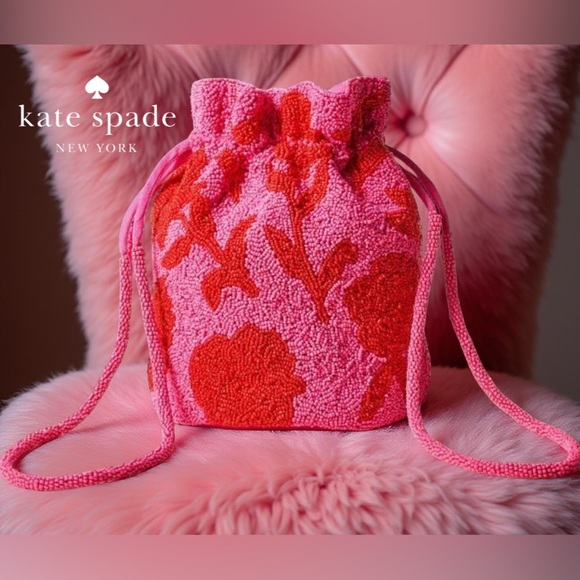 🩷 KATE SPADE NY Pink Red Beaded Classic Rose Drawstring Bucket Bag Purse NWT - Picture 1 of 11